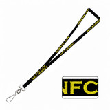A black lanyard with yellow text and a metal clip for attaching items, featuring branding along its length.