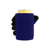 A stubby holder in navy blue, featuring a hand design, holding a can of drink.