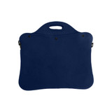 A navy laptop bag with a handle and button closures, featuring a sleek, smooth design.