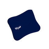 A navy laptop bag featuring a zip closure and a logo. The bag has multiple pouches for storage.