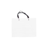 A white knitted handle bag with black straps, featuring a smooth lamination finish. It has a simple design and no visible branding.