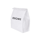 A white Tyvek cooler lunch bag with a rectangular shape and a brand logo on the front.