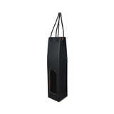 A wine box in sleek black with a rope handle and a window cutout, featuring a logo on the side.
