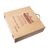 A wooden box in light brown, designed to hold four bottles of vintage wine, featuring a decorative logo.