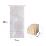 A translucent white sealing storage bag measuring 13x28x10cm, featuring a clear pocket and an unspecified logo.