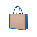 A jute tote bag featuring a natural hessian body with vibrant blue handles and trim. The bag has a logo.