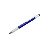 A blue multi-function pen with a silver clip and textured grip, featuring a black stylus tip.