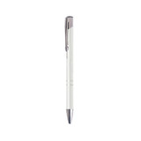 A metallic click pen in white with silver accents, featuring a logo on the clip. A metallic click pen in white with silver accents, featuring a logo on the clip.