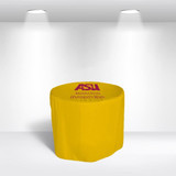 A round, fitted table cover in bright yellow, featuring a logo on the top surface.