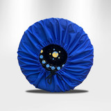 A spare tyre cover in vibrant blue, designed to fit a diameter of 81 cm, with a black backing and adjustable tie.