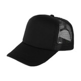 A black trucker cap featuring a solid front and mesh back, with an adjustable strap. A black trucker cap featuring a solid front and mesh back, with an adjustable strap.