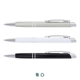 A set of three metal pens in grey, white, and black, each featuring a silver clip and accents.