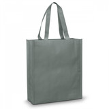 A grey tote bag with long handles and a simple design, featuring a logo on one side.