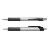A grey pen with a coloured barrel and black grip, featuring a chrome clip and tip. The pen has a logo.