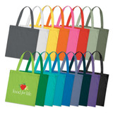 A collection of cotton tote bags in various colours, featuring a logo on some bags.