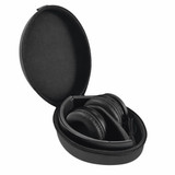 Black Bluetooth headphones in a zipped EVA case, featuring sleek design and cushioning for comfort.