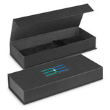 A sleek black gift box with a smooth finish, featuring an interior lining and a logo on the lid.