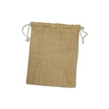 A medium jute gift bag with drawstring closure, featuring a natural woven texture in a tan color.