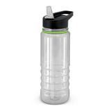 A drink bottle featuring a clear body with a black lid and a green accent, complete with a straw.