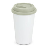 A double wall coffee cup in full color with a sleek white body and a light-colored lid.