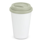 A double wall coffee cup in white with a pale green silicone lid. Features a logo on the side.