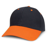 A cap with a black crown and an orange brim, featuring contrasting orange stitching and eyelets.