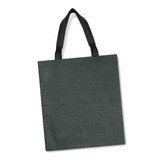 A tote bag in a dark green heather pattern with black handles and a plain design.