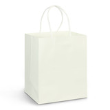 A medium-sized white paper carry bag with sturdy handles and a plain design. It features a logo. A medium-sized white paper carry bag with sturdy handles and a plain design. It features a logo.