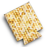 A drink bottle cooler with a woven yellow pattern and a black interior, featuring a branding logo.