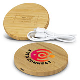A round bamboo wireless charger in natural colour, featuring a logo and accompanied by a charging cable.