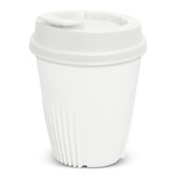 A drink bottle in white, featuring a textured grip and a lid with a drink opening. It has a logo on the side.