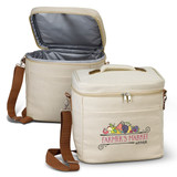 A cream-coloured cooler bag with a zippered top and a brown shoulder strap, featuring a logo.