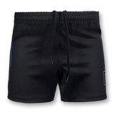 Custom men's rugby shorts in black with blue accents, featuring an elastic waistband and drawstring, and a logo. Custom men's rugby shorts in black with blue accents, featuring an elastic waistband and drawstring, and a logo.