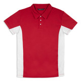 A red and white polo shirt with a classic collar and buttons, featuring a logo on the chest.