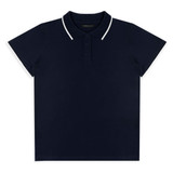 A navy polo shirt with a white collar and three-button placket, featuring a logo.