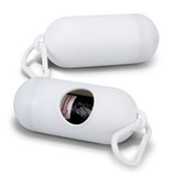 A white pet bag dispenser featuring a rounded capsule shape and a clip for attaching to bags or leashes. A white pet bag dispenser featuring a rounded capsule shape and a clip for attaching to bags or leashes.