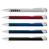 A collection of metal pens in silver, red, blue, and black with a logo and grip design on each.
