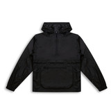 A black women's windbreaker jacket featuring a hood and a front pocket. It has a logo on the design.