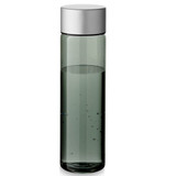 A drink bottle in a sleek design, featuring a silver lid and a transparent green body filled with water.