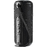 A black rugged fabric waterproof Bluetooth speaker with a textured surface and visible water droplets. A black rugged fabric waterproof Bluetooth speaker with a textured surface and visible water droplets.