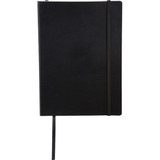 A black bound journal with a sleek design, featuring an elastic band closure and a ribbon bookmark.