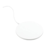 A white ultra-thin wireless charging pad with a connected cable. It features a simple design and has a logo.