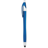 A blue stylus pen with a silver clip and tip, featuring a sleek, modern design and a branding logo. A blue stylus pen with a silver clip and tip, featuring a sleek, modern design and a branding logo.