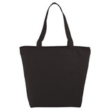 A black cotton tote bag with two shoulder straps and a zippered top, featuring a logo.