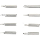 A set of eight silver multi-tool bits, featuring various screwdriver types and shapes.