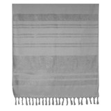 A grey flat terry towel with striped patterns and tassel detailing, featuring a logo. Perfect for leisure and outdoor use.
