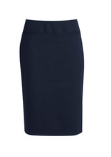 A navy blue lined skirt with a relaxed fit, featuring a smooth waistband and simple design. It has a logo.