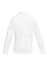 A white long sleeve women's button-up shirt, featuring a classic collar and buttoned cuffs, with a logo on the back.