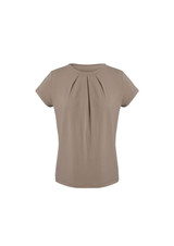 A short-sleeve women's top in a light beige colour with pleated detailing at the front. It features a logo.