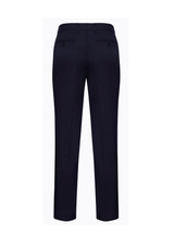 A pair of slimline pants in dark navy, featuring back pockets and a sleek design. Brand logo is visible.